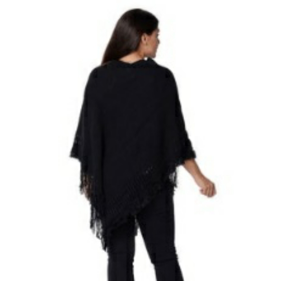 LUX Black V-Shape Fringe Poncho With Pom Poms - Picture 3 of 4